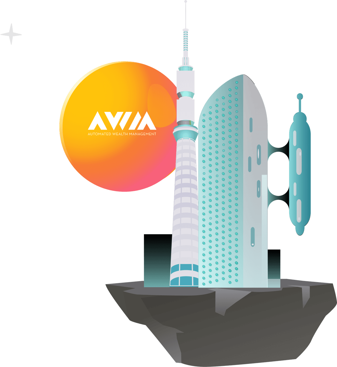 two buildings floating on a rock in space, with The-awm logo behind them